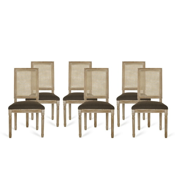 GDF Studio Brownell French Country Wood and Cane Upholstered Dining Chairs, Set of 6, Brown and Natural