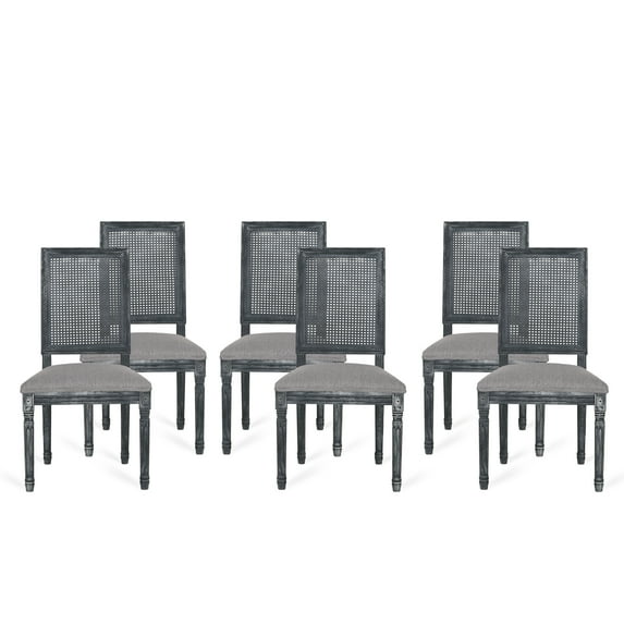 GDF Studio Brownell French Country Wood and Cane Upholstered Dining Chairs, Set of 6, Gray