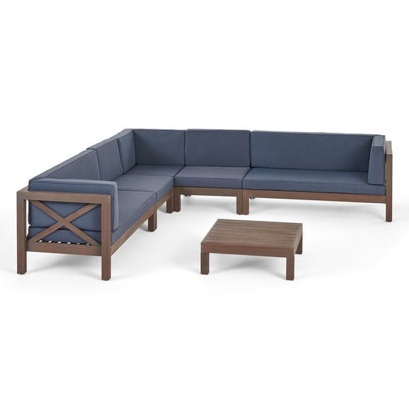 GDF Studio Bunny Outdoor 7 Seater Acacia Wood Sectional Sofa Set, Gray and Dark Gray