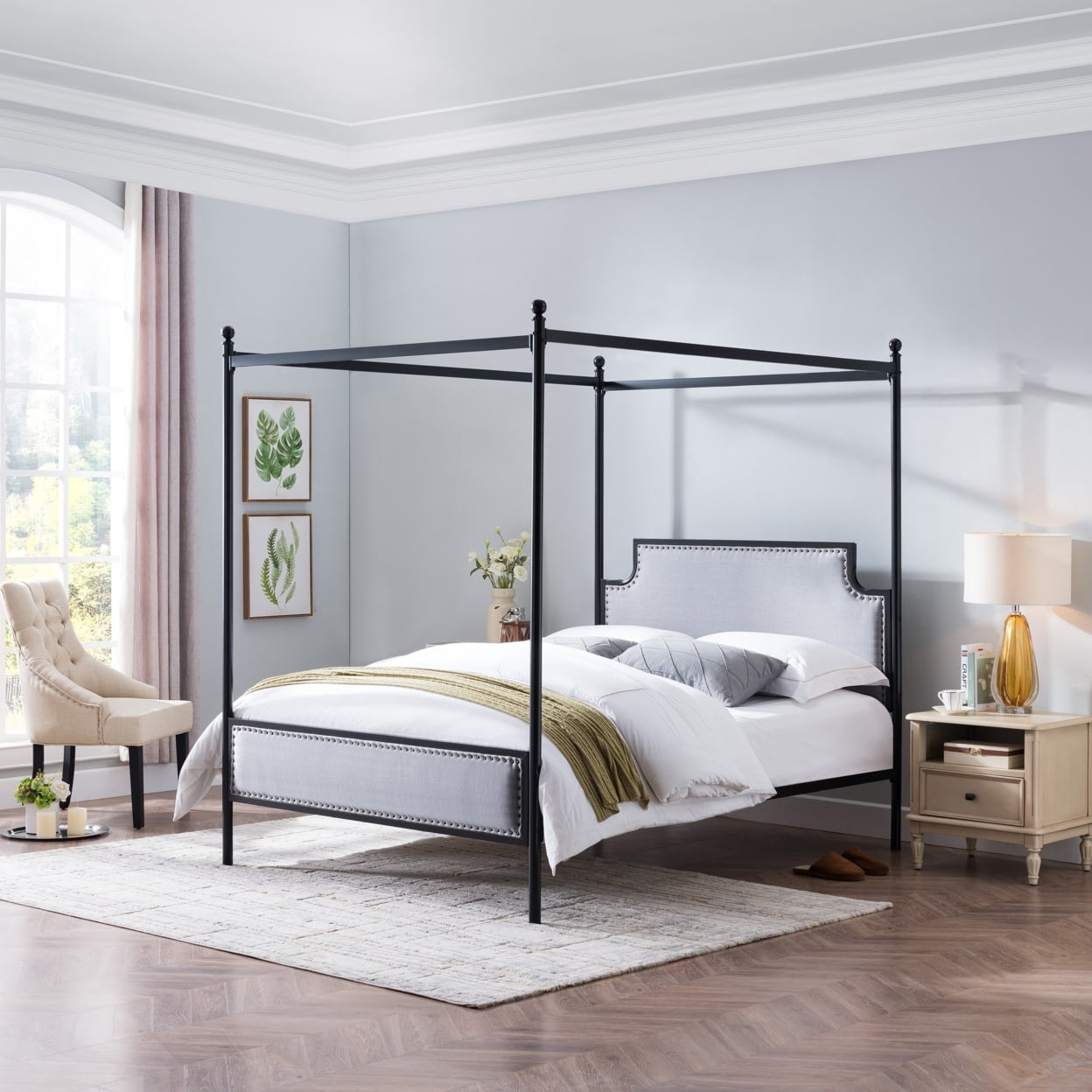 GDF Studio Cabot Contemporary Fabric Queen Canopy Bed Frame, Gray and