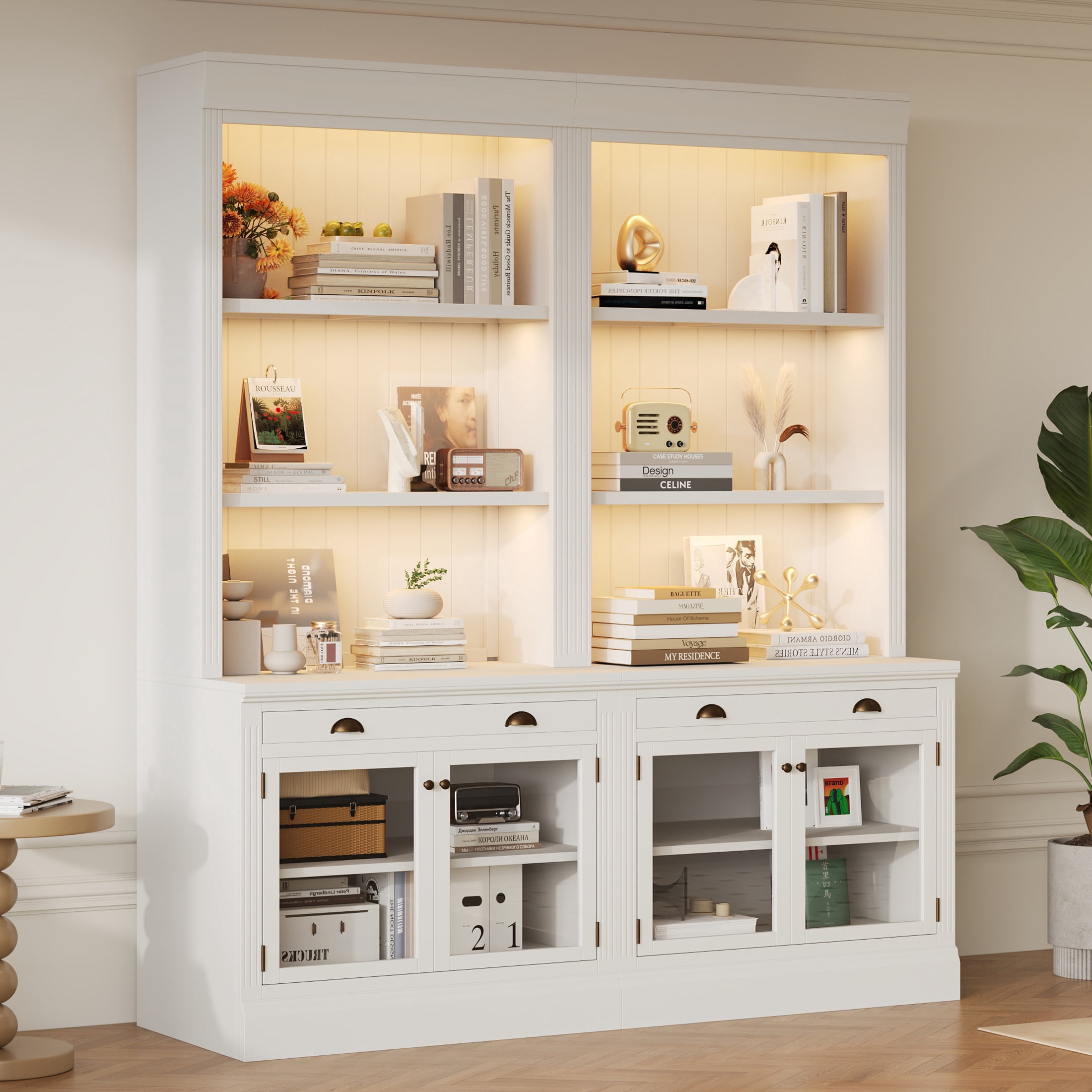 GDF Studio Caldon 83.4" Bookshelf with LED Lighting, Drawers & Glass Doors, Modern Bookcase for Home Office, White, Set of 2