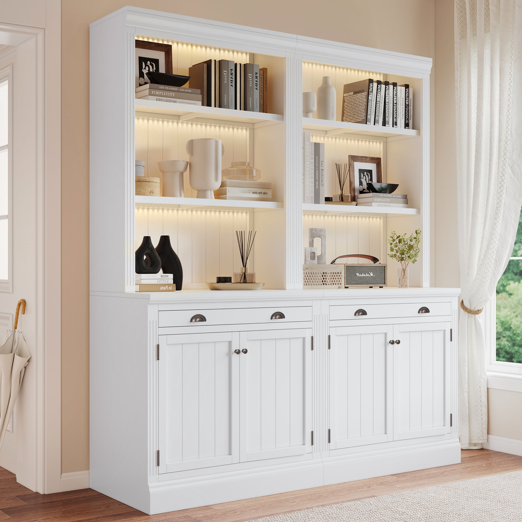 GDF Studio Caldon 83.4" Bookshelf with LED Lighting, Drawers & Panel Doors, Modern Bookcase for Home Office, White, Set of 2