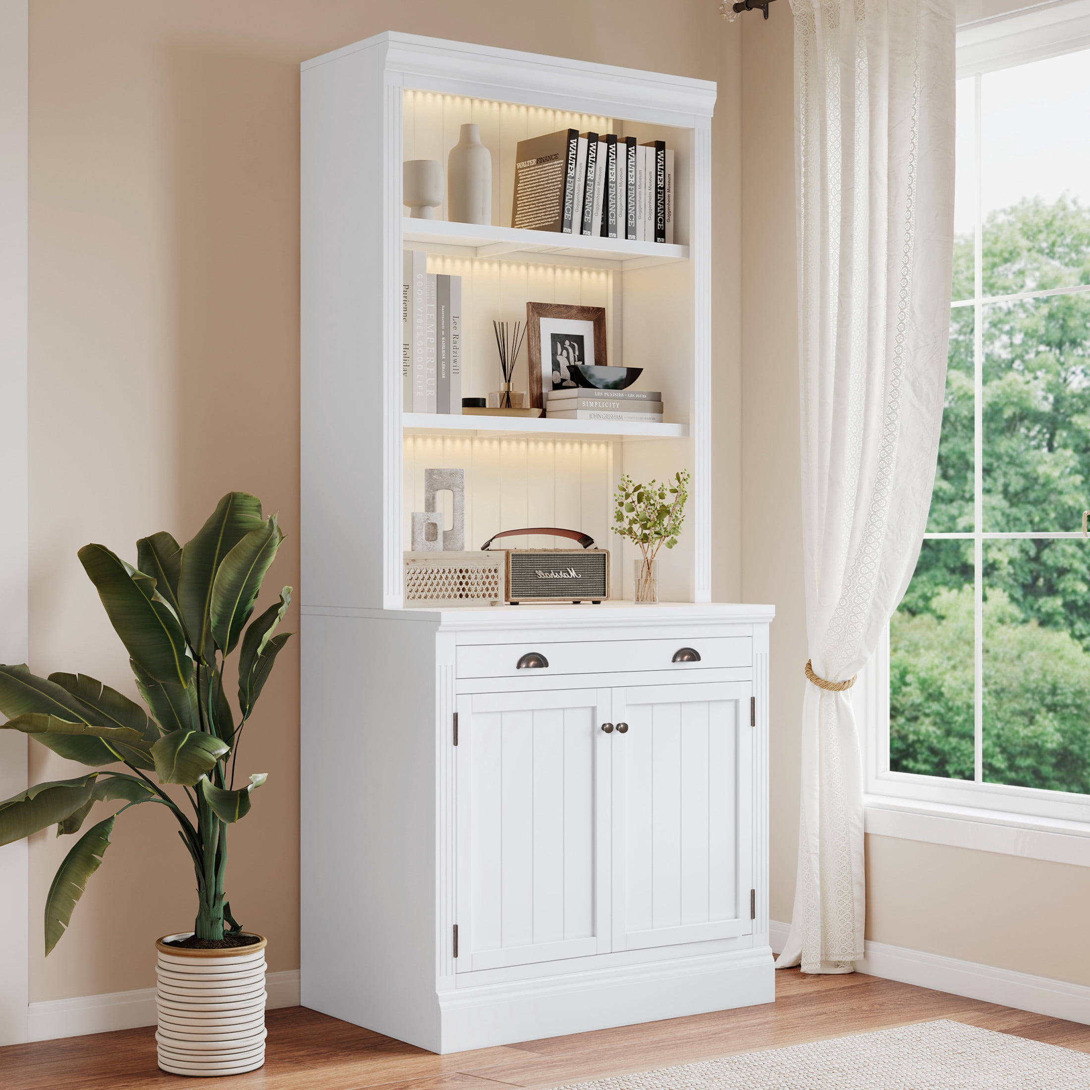 GDF Studio Caldon 83.4" Bookshelf with LED Lighting, Drawers & Panel Doors, Modern Bookcase for Home Office, White