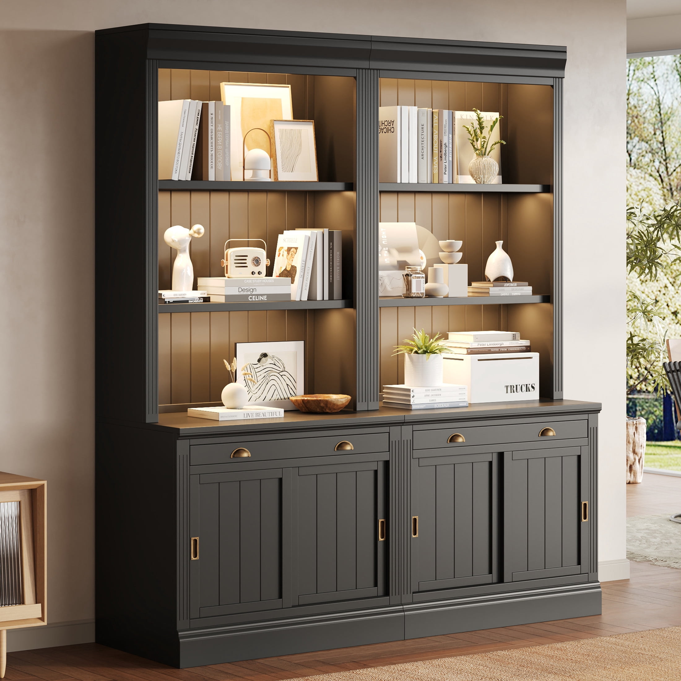 GDF Studio Caldon 83.4" Bookshelf with LED Lighting, Drawers & Sliding Doors, Modern Bookcase for Home Office, Black, Set of 2