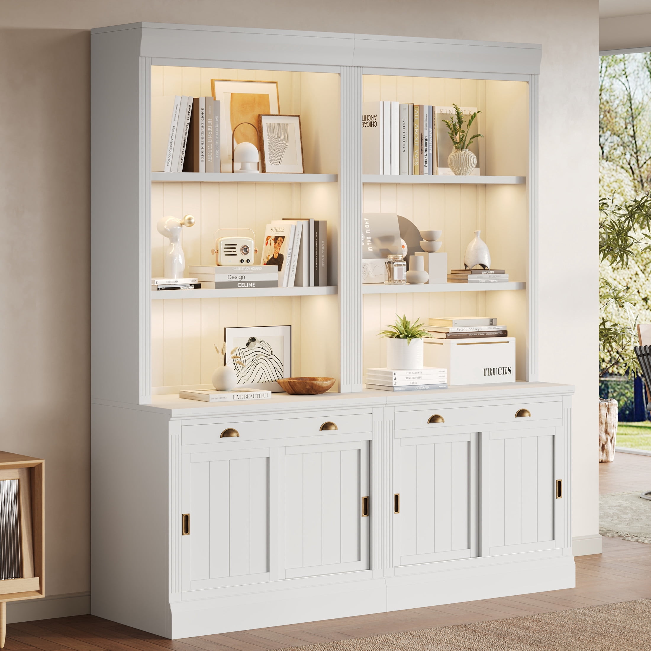 GDF Studio Caldon 83.4" Bookshelf with LED Lighting, Drawers & Sliding Doors, Modern Bookcase for Home Office, White, Set of 2