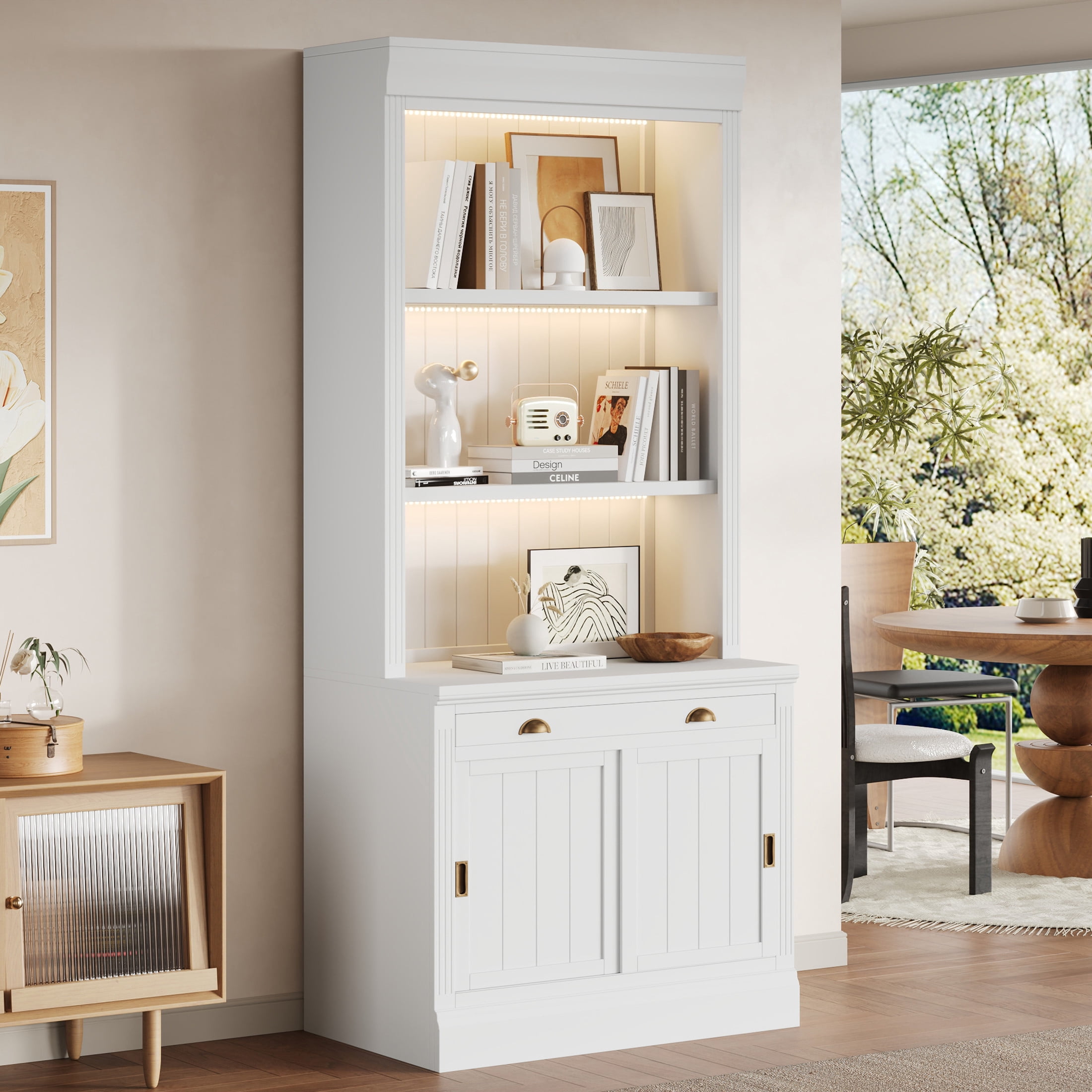 GDF Studio Caldon 83.4" Bookshelf with LED Lighting, Drawers & Sliding Doors, Modern Bookcase for Home Office, White