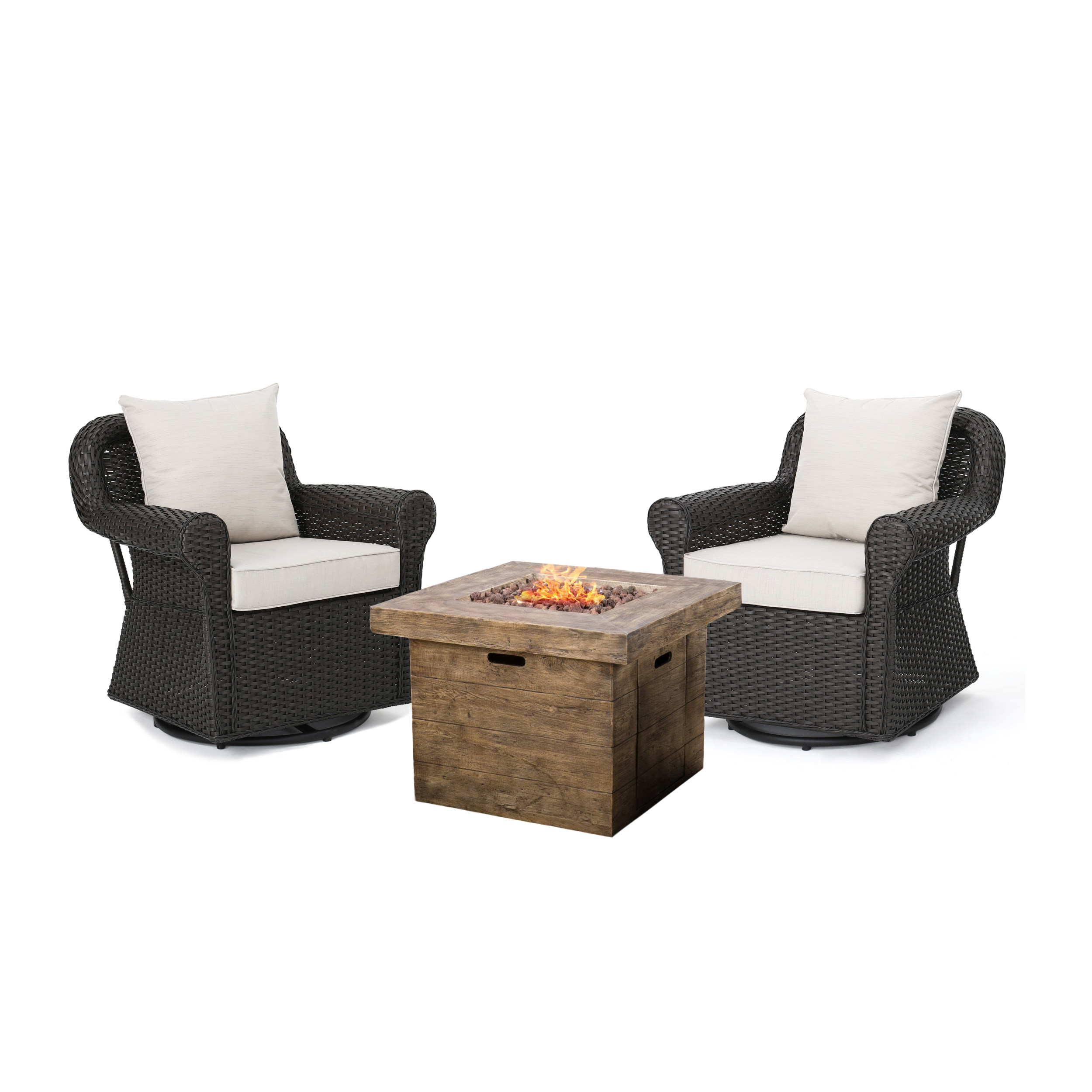 GDF Studio Caldwell Outdoor Wicker Swivel Club Chair and Fire Pit Set with Cushions, 3 Piece Dark Brown, Beige, and Natural - image 1 of 14