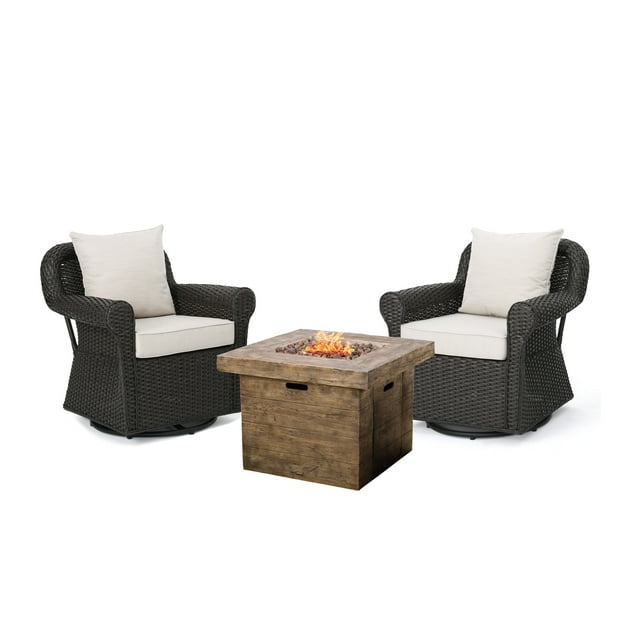 GDF Studio Caldwell Outdoor Wicker Swivel Club Chair and Fire Pit Set with Cushions, 3 Piece Dark Brown, Beige, and Natural
