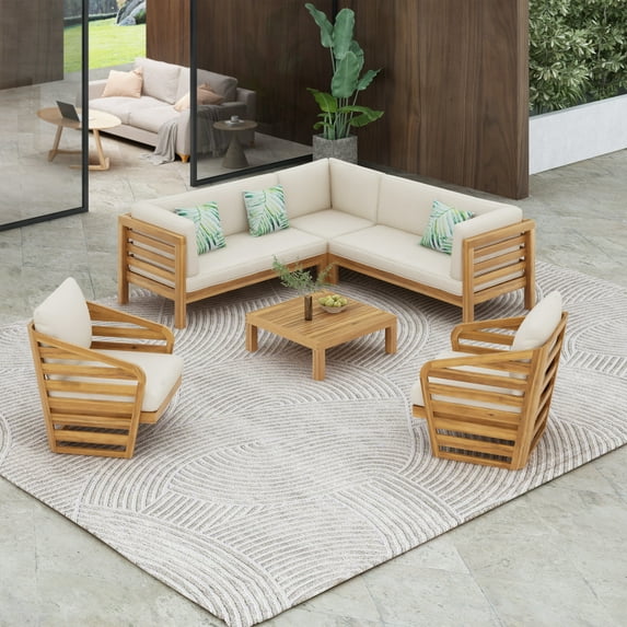 GDF Studio Caleb 6-Piece Outdoor Patio Conversation Set with Solid Wood Frames, Corner Seating, Coffee Table, and Water-Resistant Cushions