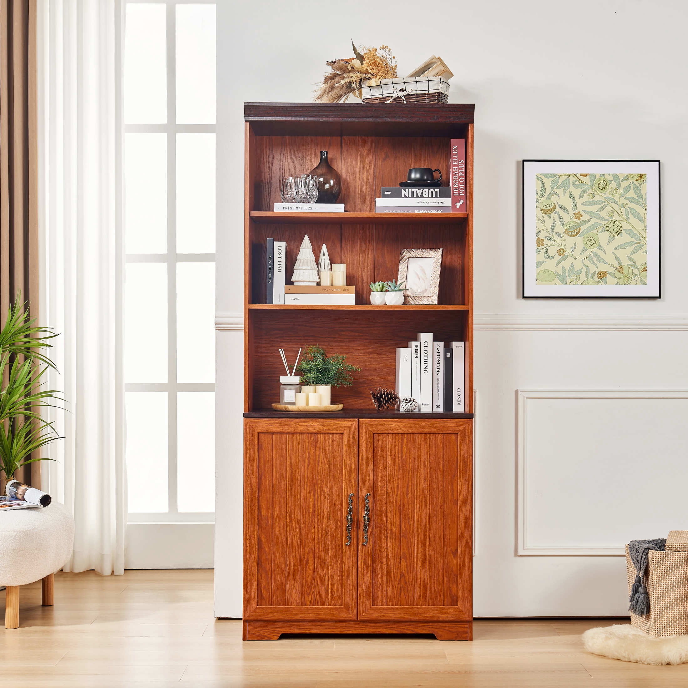 GDF Studio Calis 70.86" Tall Freestanding Storage Cabinet with Doors, Adjustable Shelves Display Cabinet, Dark Oak