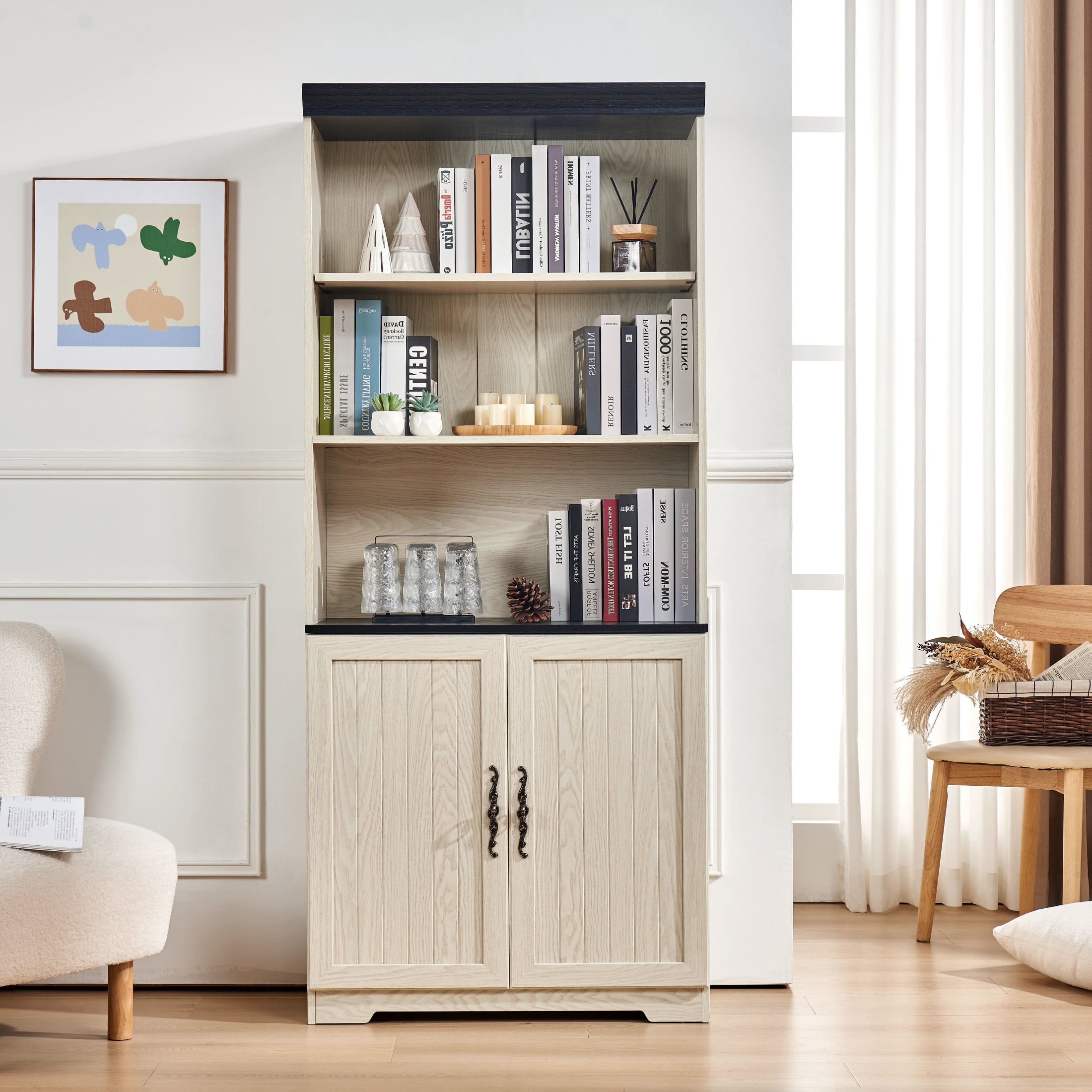 GDF Studio Calis 70.86" Tall Freestanding Storage Cabinet with Doors, Adjustable Shelves Display Cabinet, White Oak