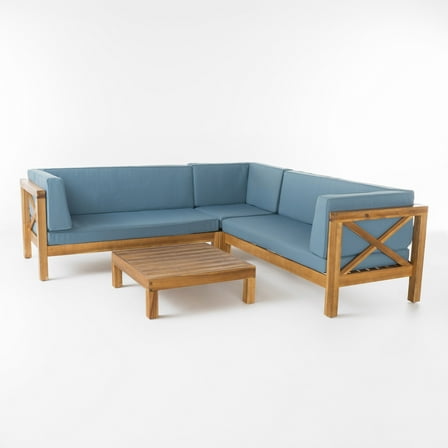 GDF Studio Calle 4 Piece Outdoor Acacia Wood Sectional Set, Teak and Blue