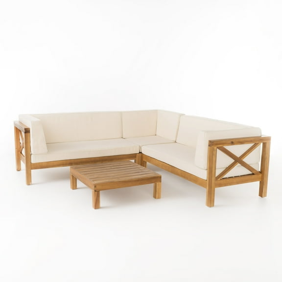 GDF Studio Calle 4 Piece Outdoor x-Back Wooden Sectional Set, Acacia Wood, Water Resistant Fabric, Teak and Beige