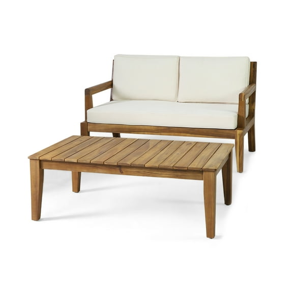 GDF Studio Camak Outdoor Acacia Wood Loveseat and Coffee Table Set, Teak, Beige
