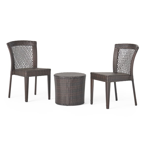 GDF Studio Capella Outdoor 3 Piece Wicker Stacking Chair Chat Set with Round Drum Table, Multibrown