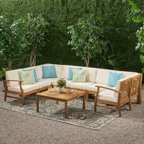 GDF Studio Capri Outdoor 8 Seater Acacia Wood Sectional Sofa and Table Set, Teak