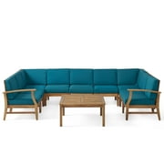 GDF Studio Capri Outdoor 9 Seater Acacia Wood Sectional Sofa Set, Teak and Blue