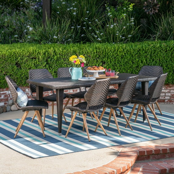 GDF Studio Carl Outdoor 9 Piece Wicker Dining Set, Multibrown