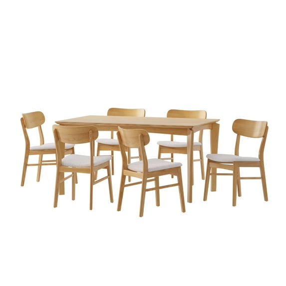 GDF Studio Carmody Wood and Fabric 7 Piece Dining Set, Natural Oak, Light Beige