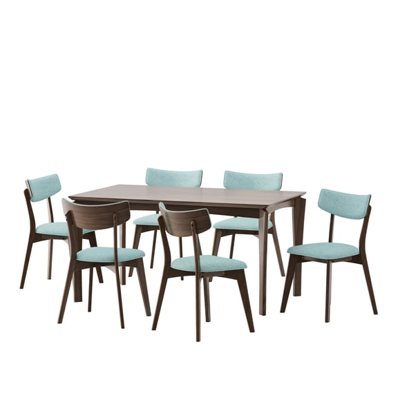 GDF Studio Carnelian Wood and Fabric 7 Piece Dining Set, Walnut, Mint