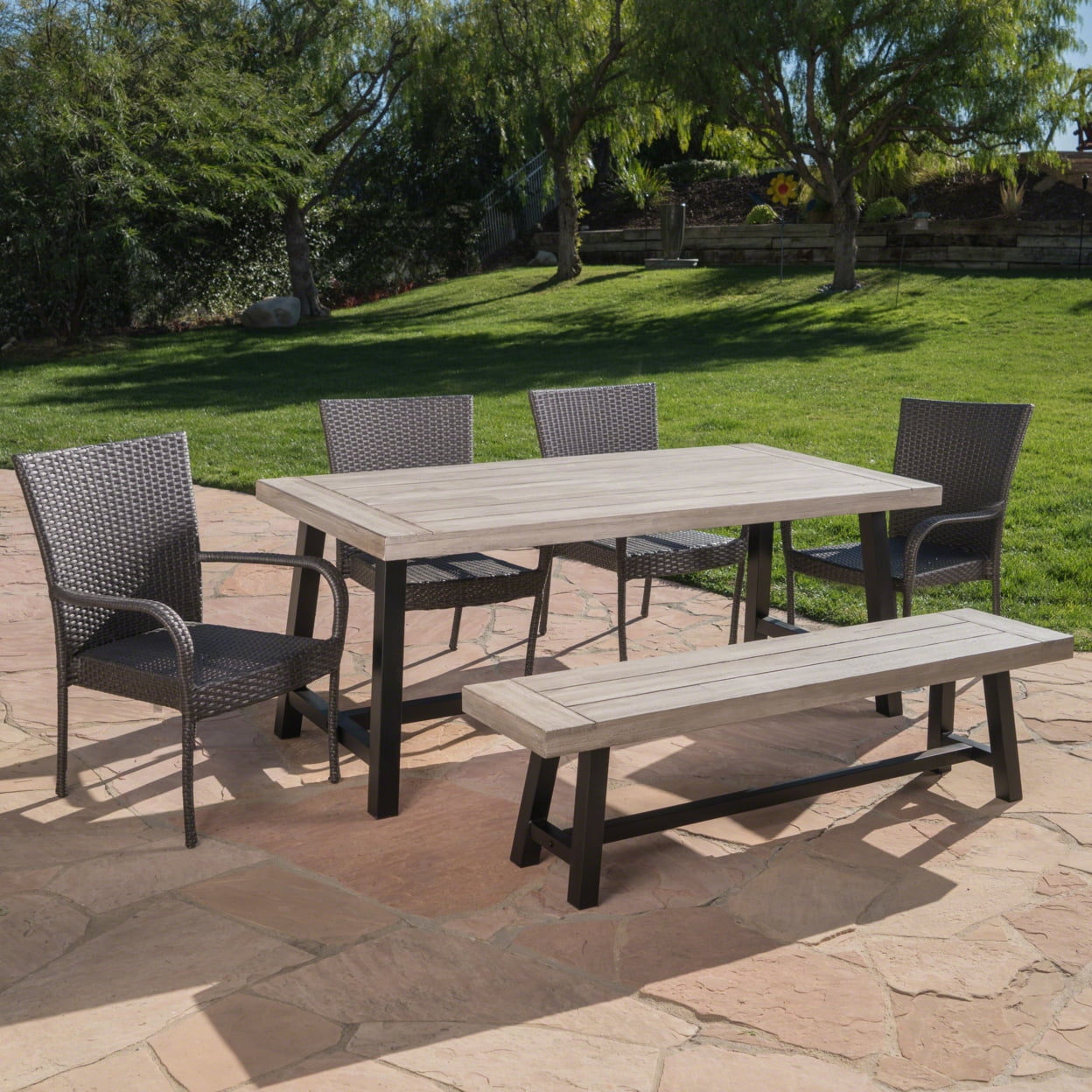 Light Gray Acacia Wood and Wicker 6-Piece Outdoor Dining Set