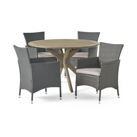 GDF Studio Carroll Outdoor Wicker and Acacia Wood 5 Piece Dining Set with Cushion, Gray and Light Gray