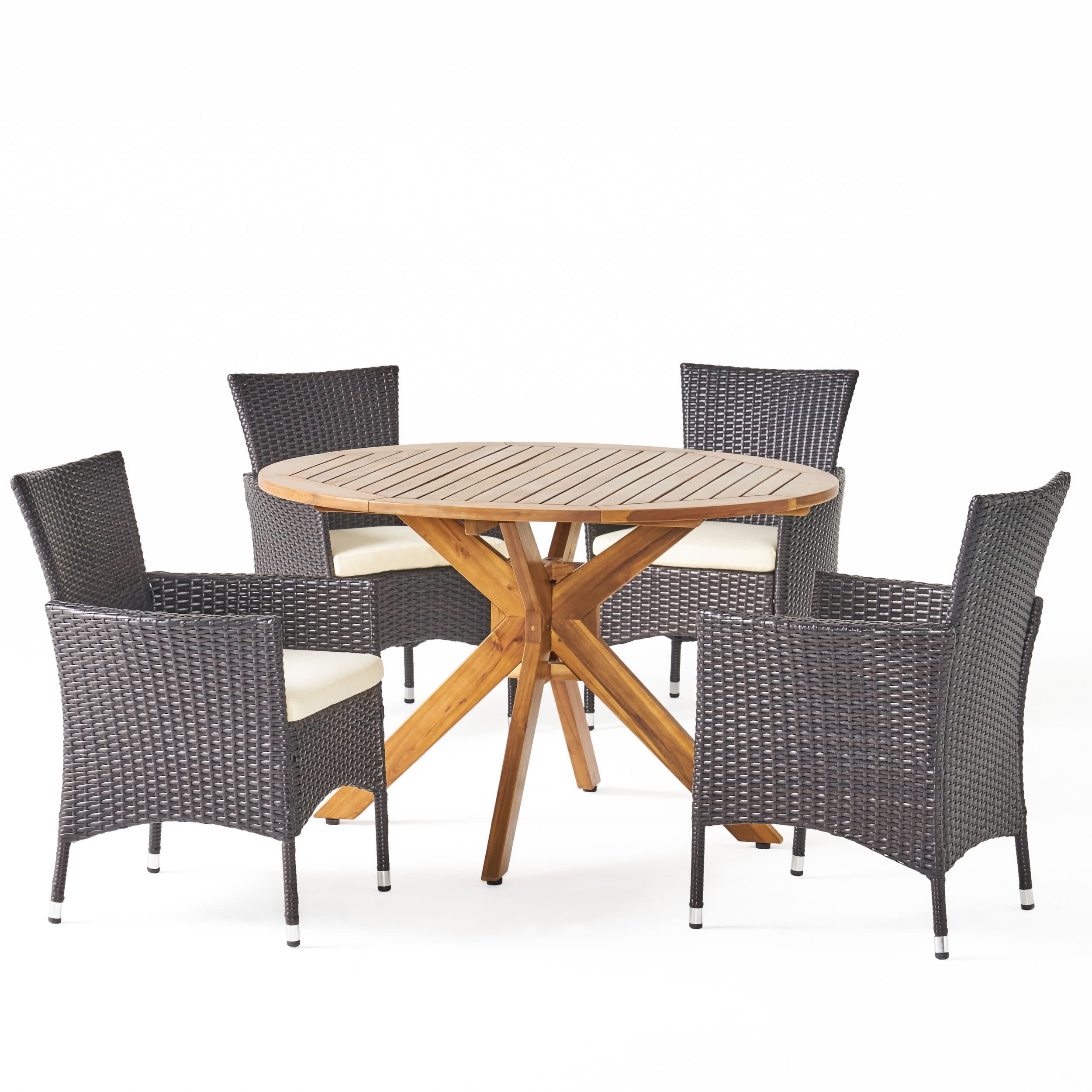 Multibrown Wicker and Teak Finish Acacia Wood 5 Piece Dining Set with Beige Cushions