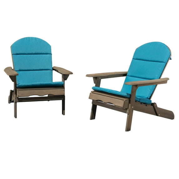 GDF Studio Cartagena Outdoor Acacia Wood Folding Adirondack Chairs with Cushions, Set of 2, Gray and Dark Teal