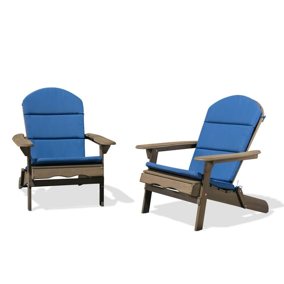 GDF Studio Cartagena Outdoor Acacia Wood Folding Adirondack Chairs with Cushions, Set of 2, Gray and Navy Blue