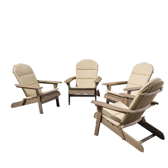GDF Studio Cartagena Outdoor Acacia Wood Folding Adirondack Chairs with Cushions, Set of 4, Gray and Khaki