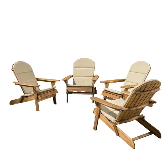 GDF Studio Cartagena Outdoor Acacia Wood Folding Adirondack Chairs with Cushions, Set of 4, Natural and Khaki