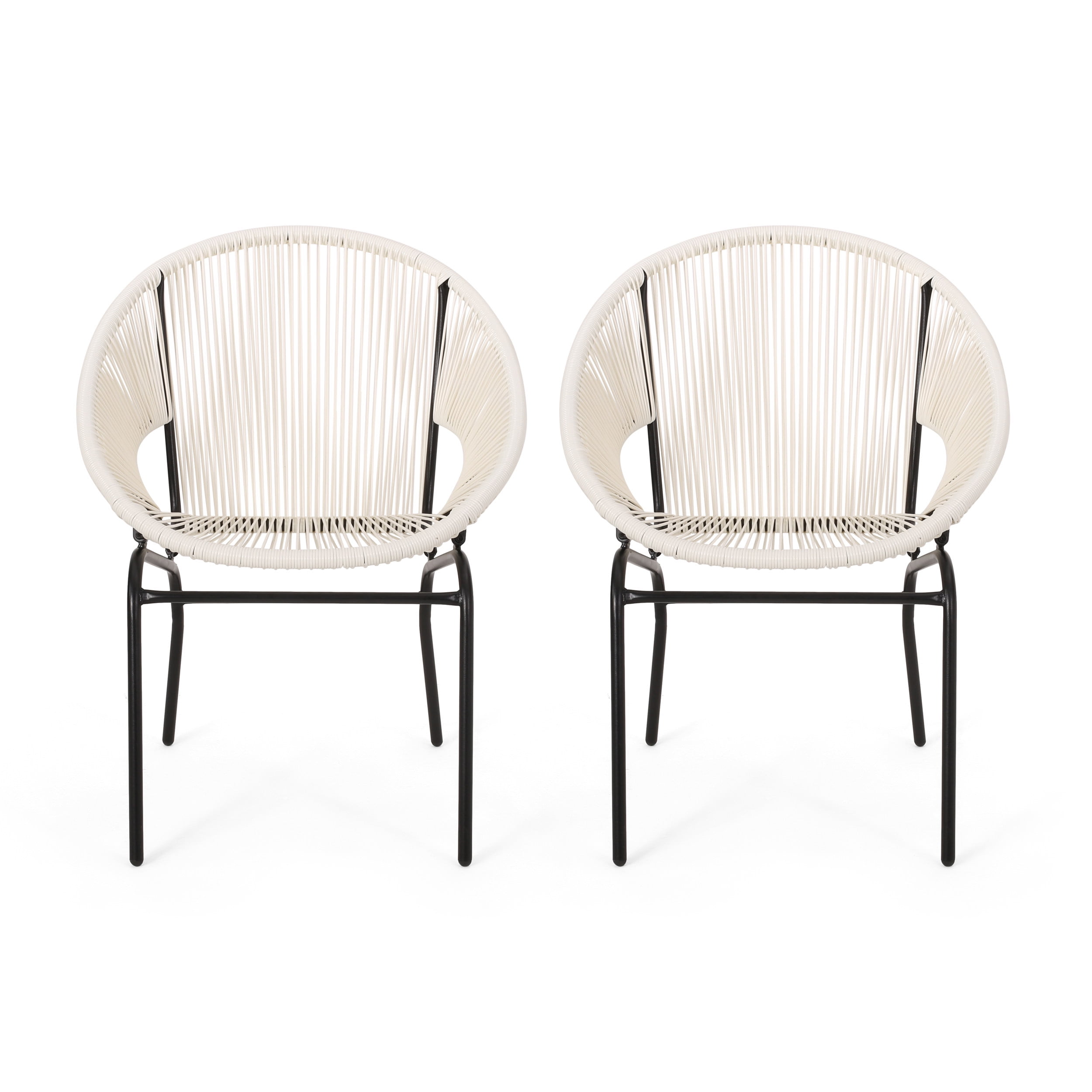 Set of 2 White Faux Rattan Club Chairs with Black Iron Frame