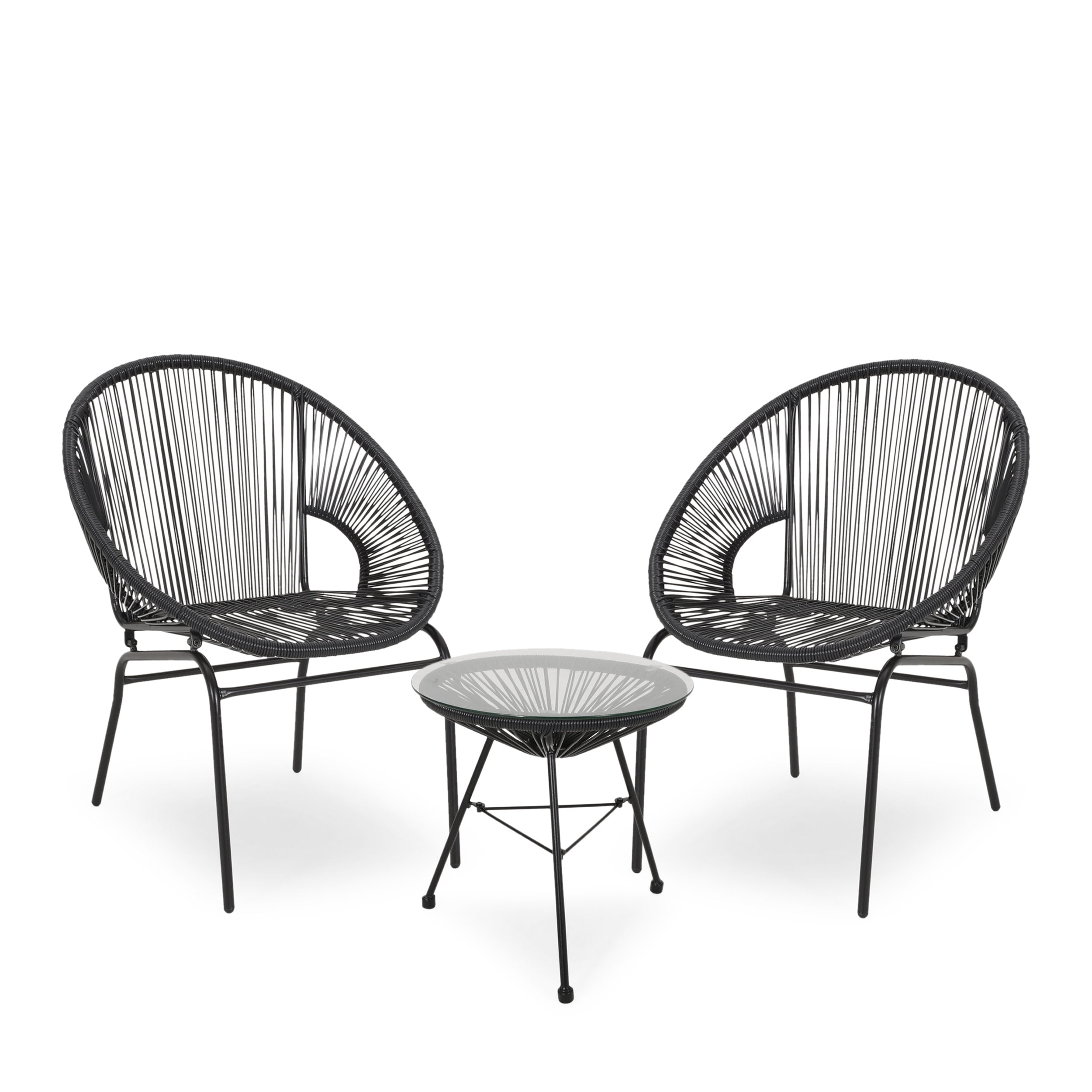 Black Faux Rattan and Iron 2-Seater Chat Set with Glass Table