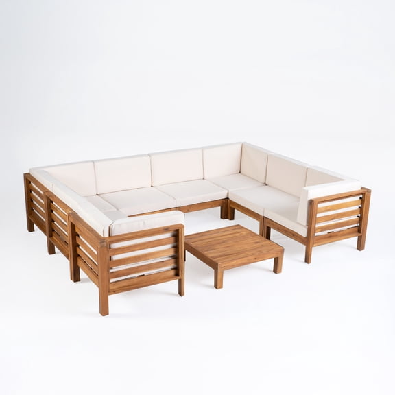 GDF Studio Cascada Outdoor 8-Seater U-Shaped Acacia Wood Sectional Sofa Set, Beige