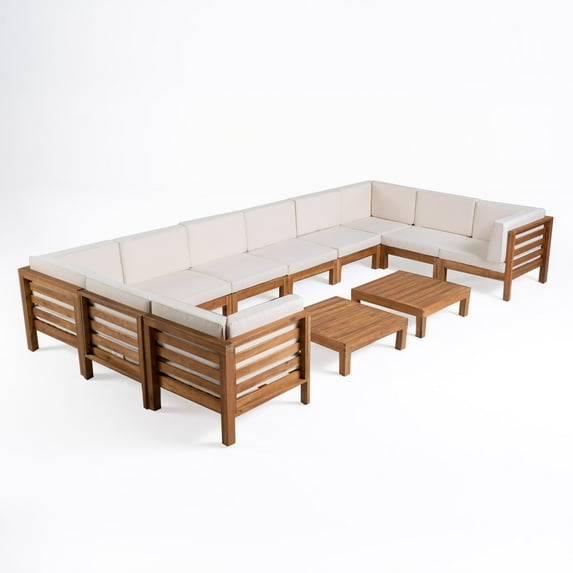 GDF Studio Cascada Outdoor Acacia Wood 10 Seater Sectional Sofa Set, Beige