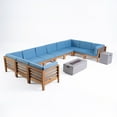 thumbnail image 1 of GDF Studio Cascada Outdoor Acacia Wood 10 Seater Sectional Sofa Set with Fire Pit, Teak, Blue, and Light Gray, 1 of 8