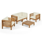 GDF Studio Cascada Outdoor Acacia Wood 4 Seater Chat Set with Cushions, Teak and Beige