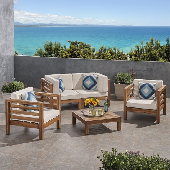 GDF Studio Cascada Outdoor Acacia Wood 4 Seater Chat Set with Cushions, Teak and Blue