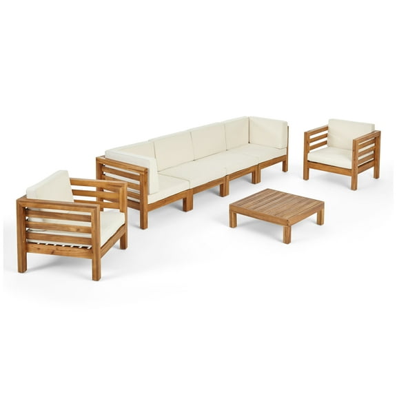GDF Studio Cascada Outdoor Acacia Wood 6 Seater Sofa and Club Chair Chat Set, Teak and Beige