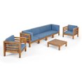 thumbnail image 1 of GDF Studio Cascada Outdoor Acacia Wood 6 Seater Sofa and Club Chair Chat Set, Teak and Blue, 1 of 9