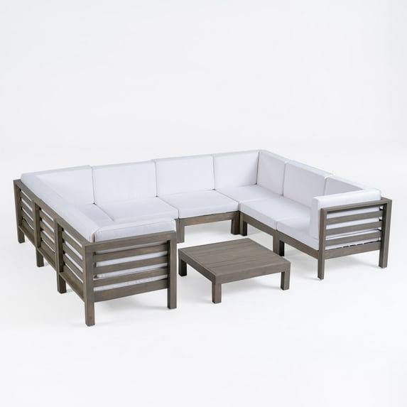 GDF Studio Cascada Outdoor Acacia Wood 8 Seater Sectional Sofa Chat Set with Cushions, Gray and White
