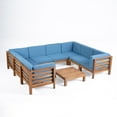 thumbnail image 1 of GDF Studio Cascada Outdoor Acacia Wood 8 Seater Sectional Sofa Chat Set with Cushions, Teak and Blue, 1 of 12
