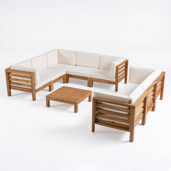 GDF Studio Cascada Outdoor Acacia Wood 8 Seater Sectional Sofa Set, Beige