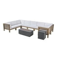 thumbnail image 1 of GDF Studio Cascada Outdoor Acacia Wood 8 Seater Sectional Sofa Set with Fire Pit, Gray, White, and Dark Gray, 1 of 13