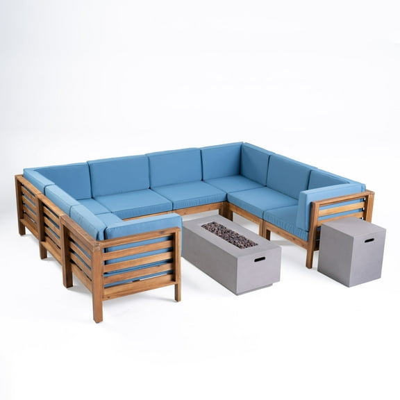 GDF Studio Cascada Outdoor Acacia Wood 8 Seater Sectional Sofa Set with Fire Pit, Teak, Blue, and Light Gray