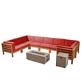 thumbnail image 1 of GDF Studio Cascada Outdoor Acacia Wood 8 Seater Sectional Sofa Set with Fire Pit, Teak, Red, and Light Gray, 1 of 12