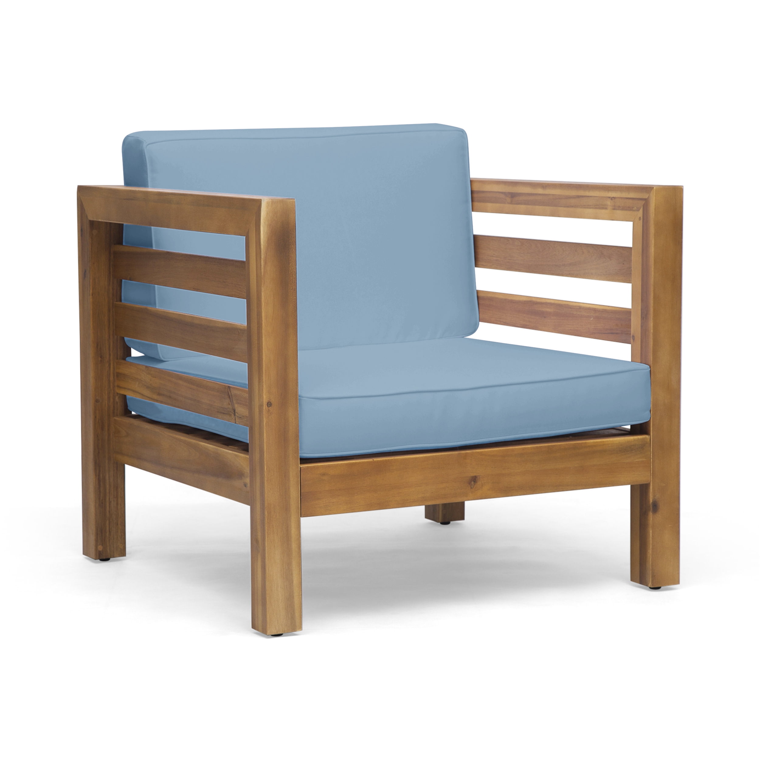 Louise Teak Finish Acacia Wood Club Chair with Blue Cushions