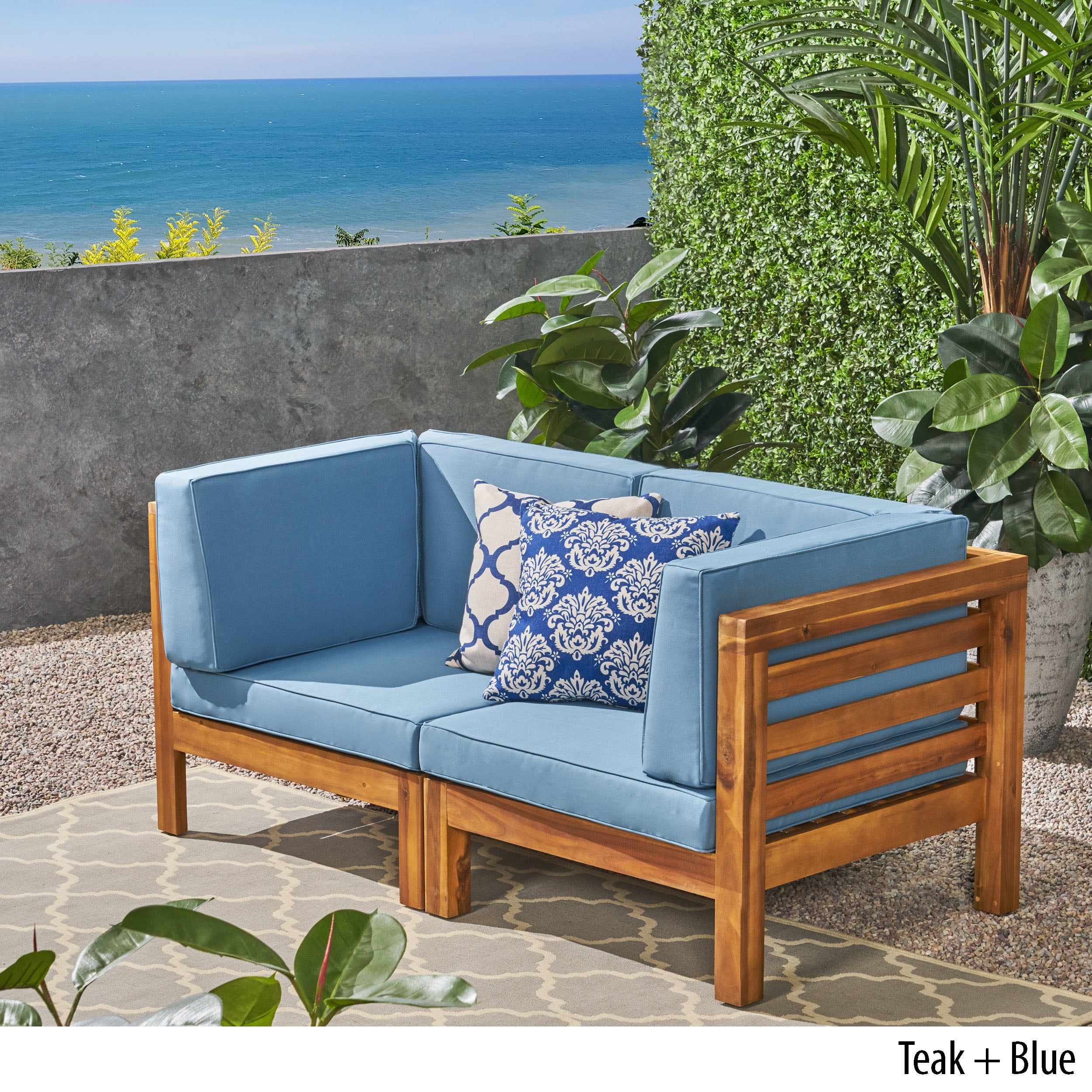 GDF Studio Cascada Outdoor Acacia Wood Loveseat with Cushions Teak and Blue
