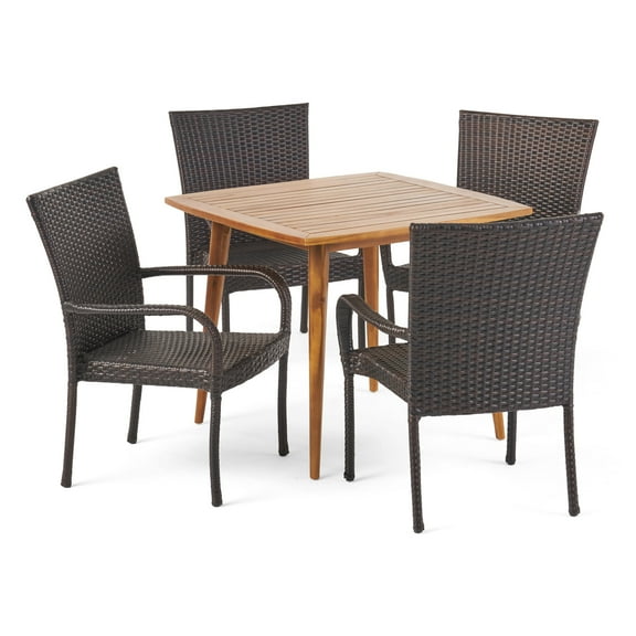 GDF Studio Caspar Outdoor Acacia Wood and Wicker 5 Piece Dining Set, Teak and Multibrown