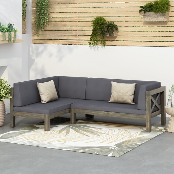 GDF Studio Caspian Outdoor Acacia Wood Left Facing Chaise Lounge Sofa, Grey Finish + Dark Grey